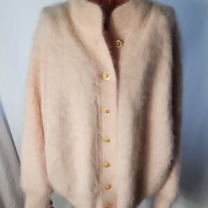 Vintage Quiet Luxury Soft Angora Fur Jewel Button Pink Cardigan Sweater Size XL